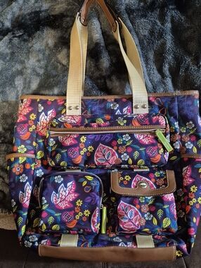 Lily Bloom Navy Floral Tote with Cream Straps and Brown Trim